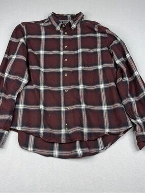 Dunnes Stores Flannel Shirt Mens XL Burgundy Plaid Cotton Workwear Button Up